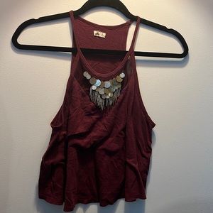 Hollister, cropped and flowy maroon top with mesh and metal bead detailing